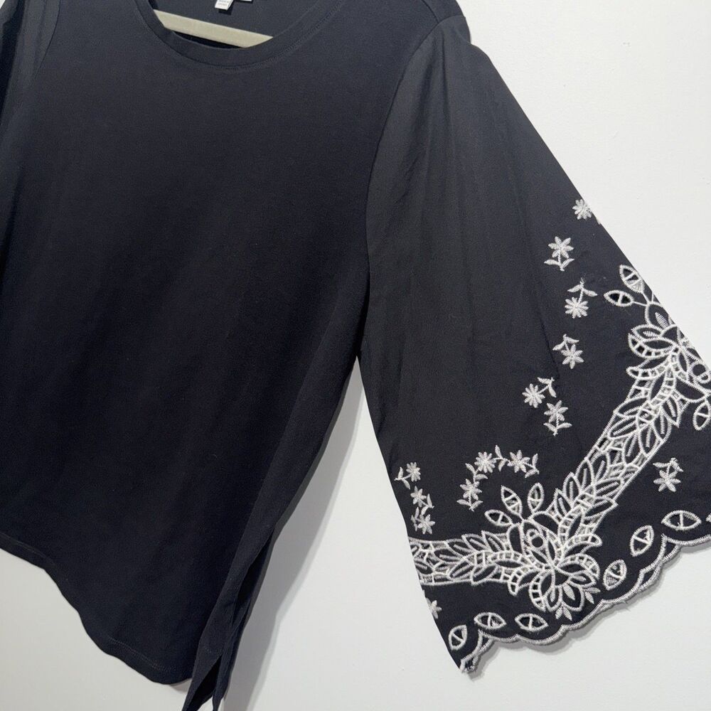 Chico's Blouse Sz 2 Black White Embroidered Bell Sleeves L Cottagecore Chic Top - Picture 4 of 6